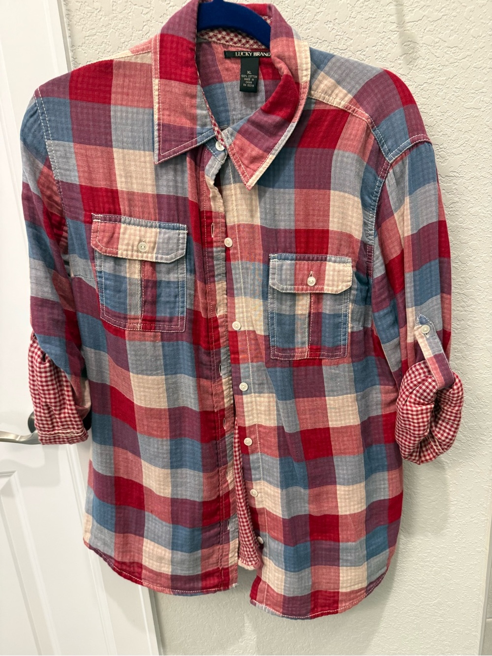 Lucky Brand Red, Blue & Cream Plaid Button-Down Shirt